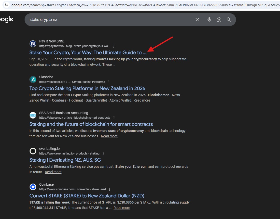 Google search result for "stake crypto nz"