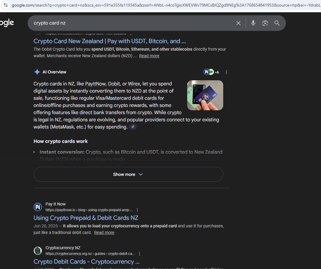 Google search result for "crypto card nz" — Featured