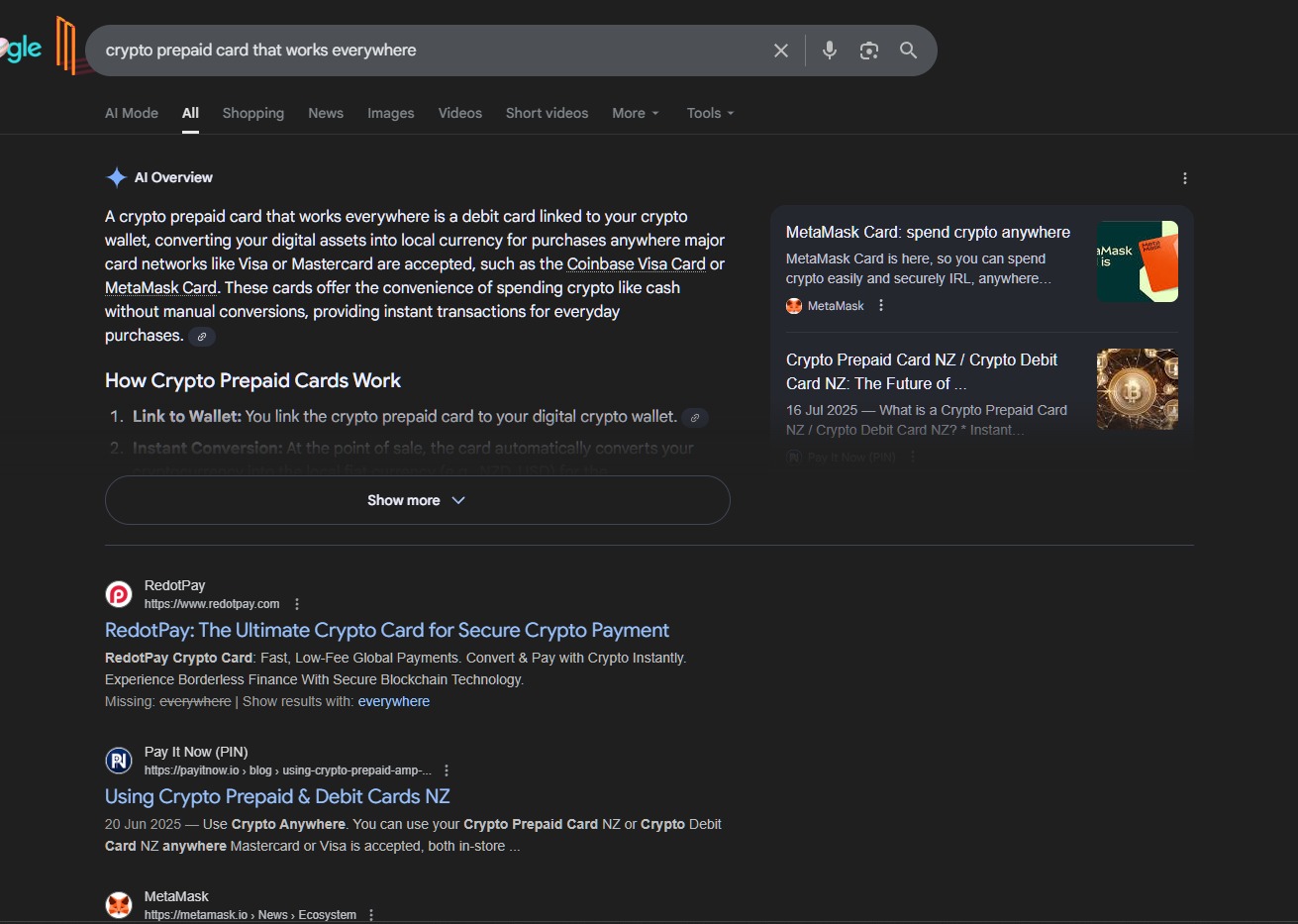 Google search result for "crypto prepaid card that works everywhere"